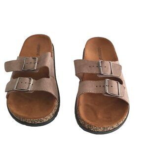 ANDREA - WOMENS TAN DOUBLE BUCKLE CLOSURE SLIP-ON SANDALS SIZE 9